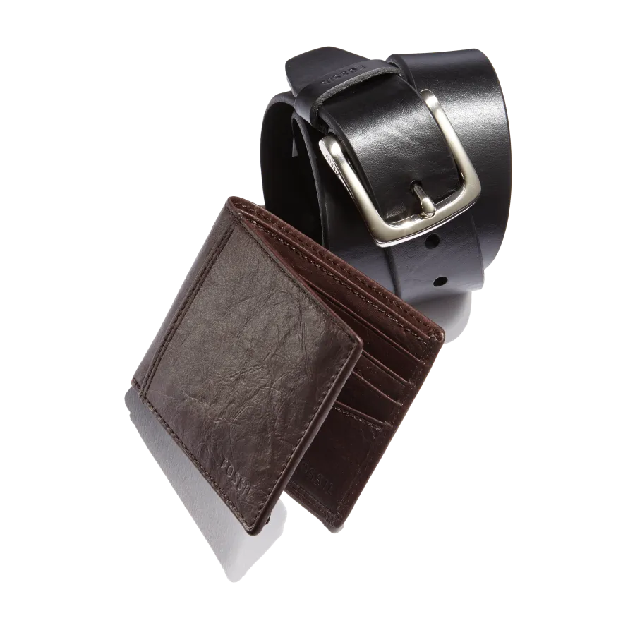 Men's leather belt and wallet, directed product photography