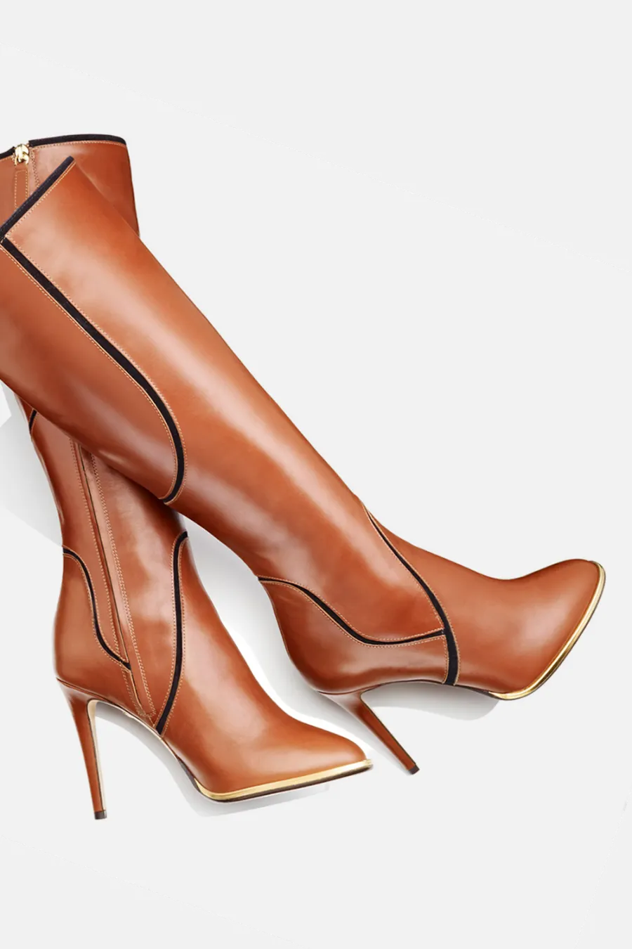 Cognac leather tall boots, directed product photography