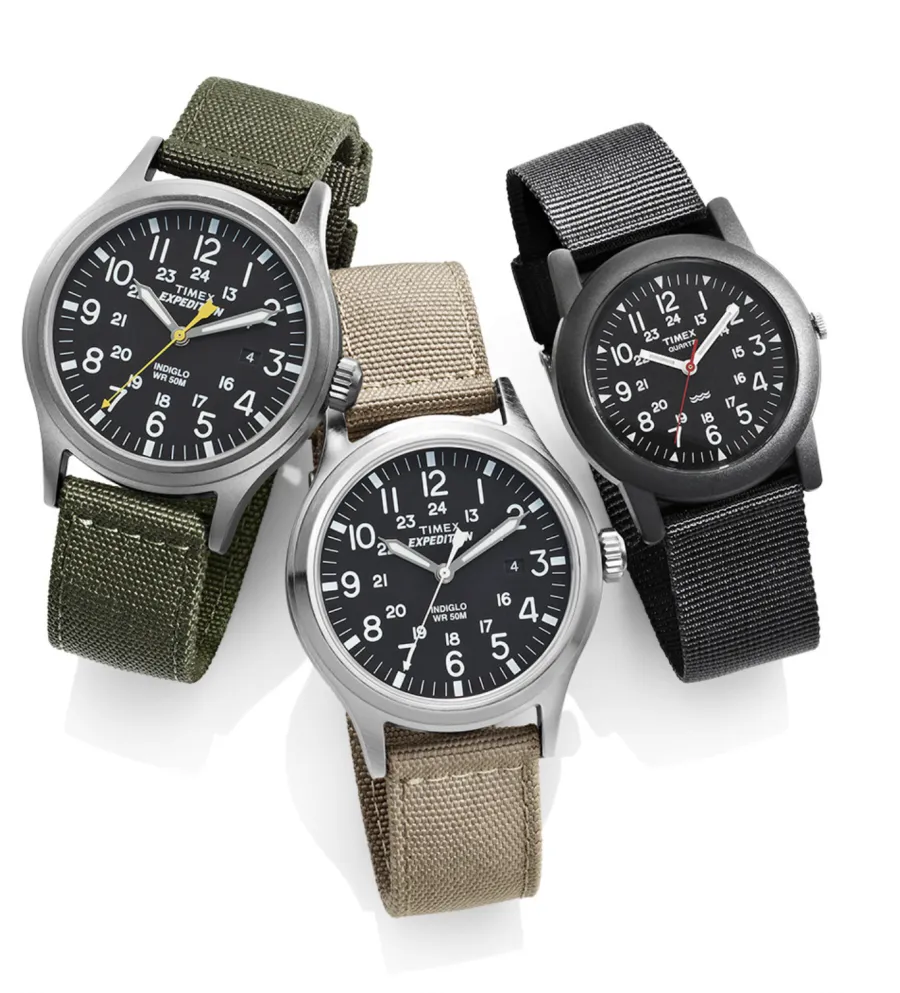 Men's field watches, two styles with canvas straps, directed product photography