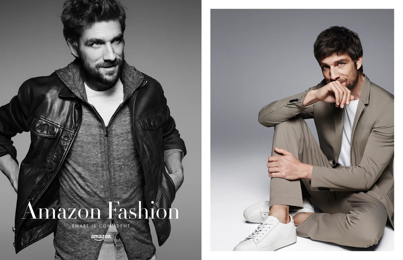 Amazon Fashion menswear campaign, leather jacket and knit layering