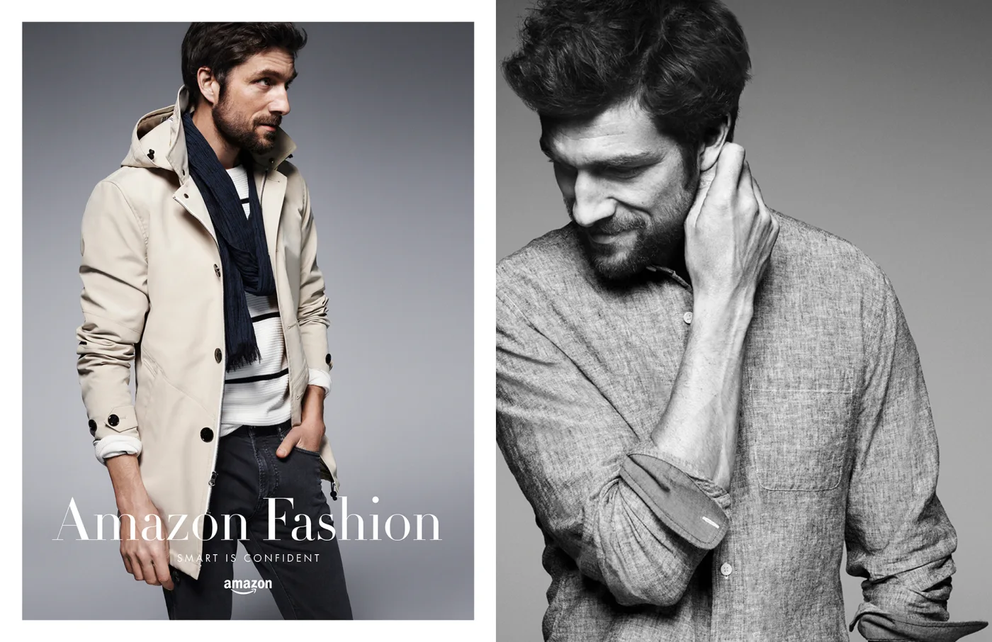Amazon Fashion menswear campaign, hooded jacket with scarf and tailored shirting