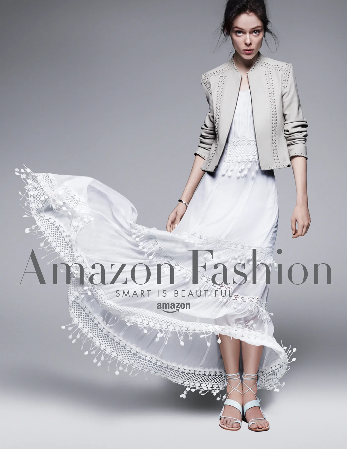 Amazon Fashion single-page print ad, floral silk look in motion