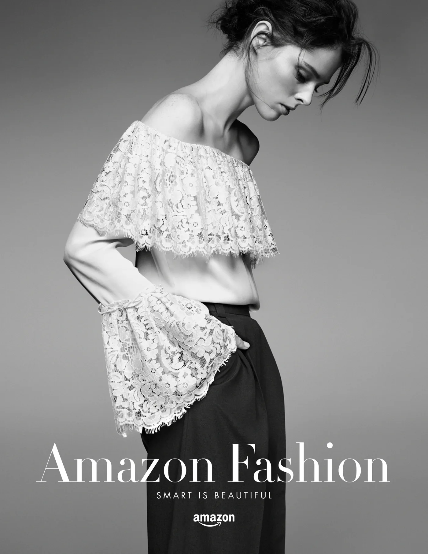Amazon Fashion single-page print ad, off-shoulder lace look