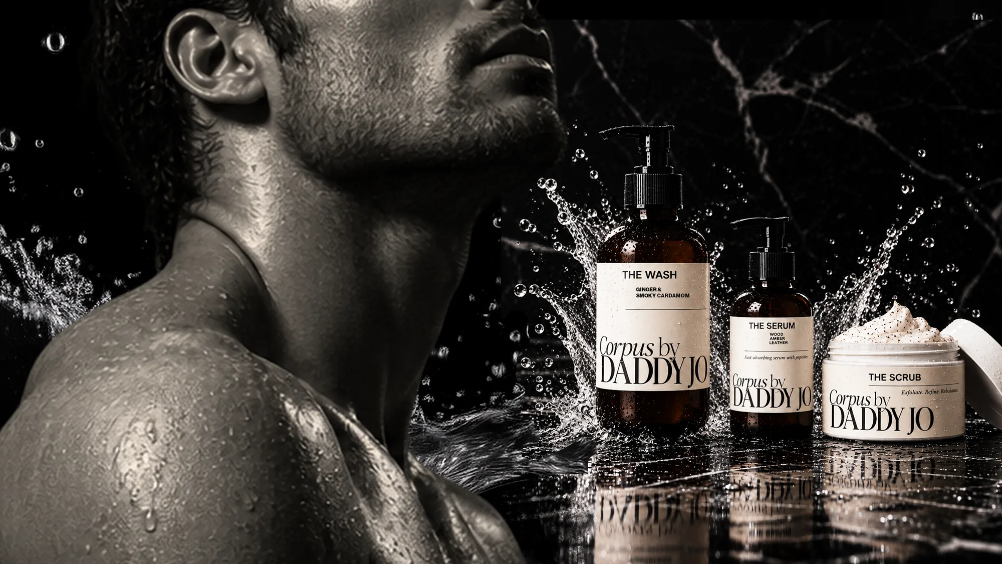 CORPUS campaign — a figure in hard light beside The Wash, The Serum and The Scrub in a water splash