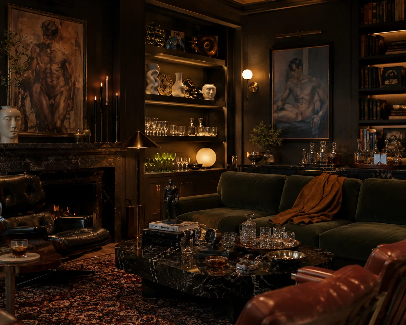 Dark panelled interior — fire, marble, collected objects and art