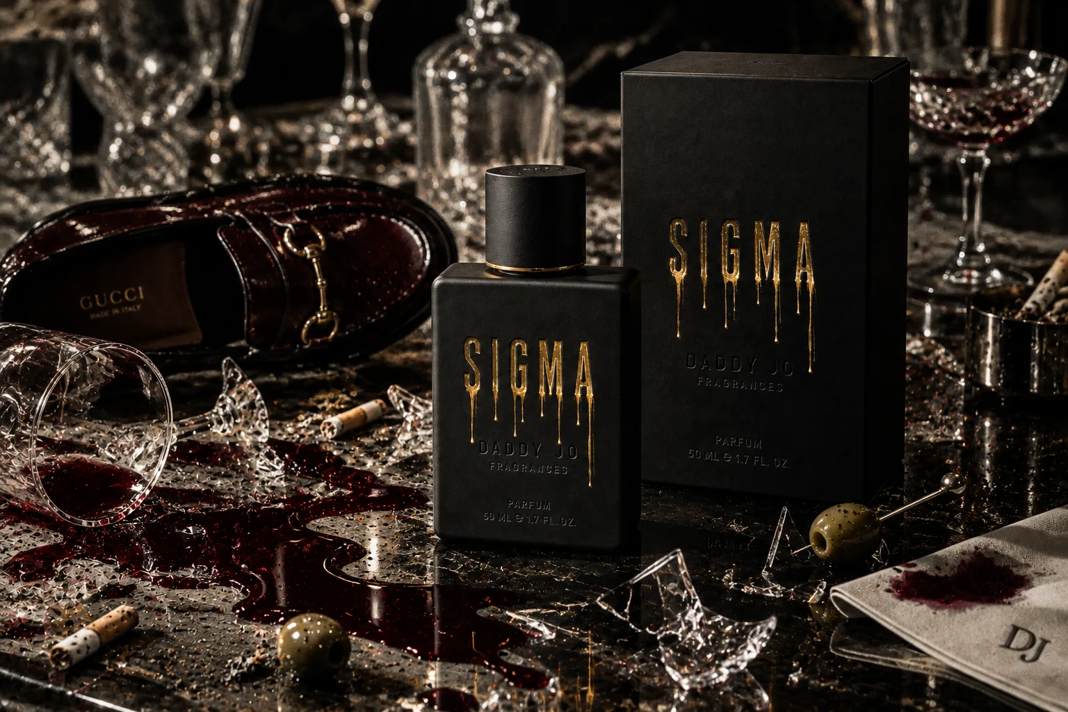 SIGMA parfum and its box on a wrecked table — spilled wine, broken crystal, a loafer and cigarette ends