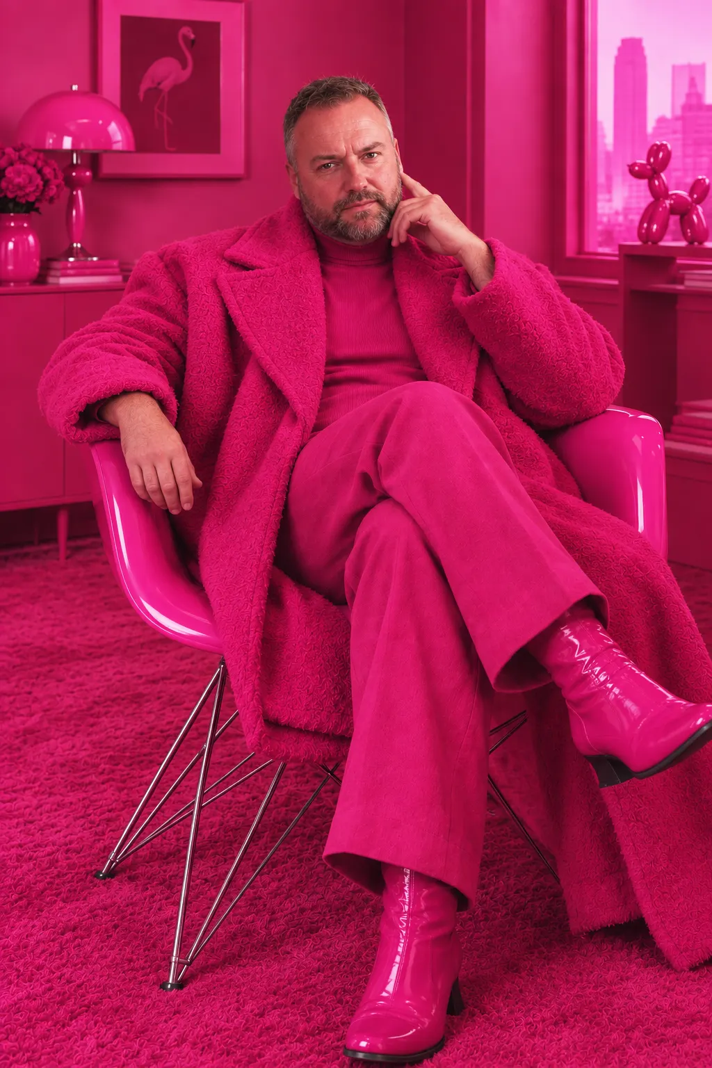 Isaac Mackay seated in a room dressed entirely in fuchsia — boucle coat, patent boots, balloon dog and flamingo print behind him