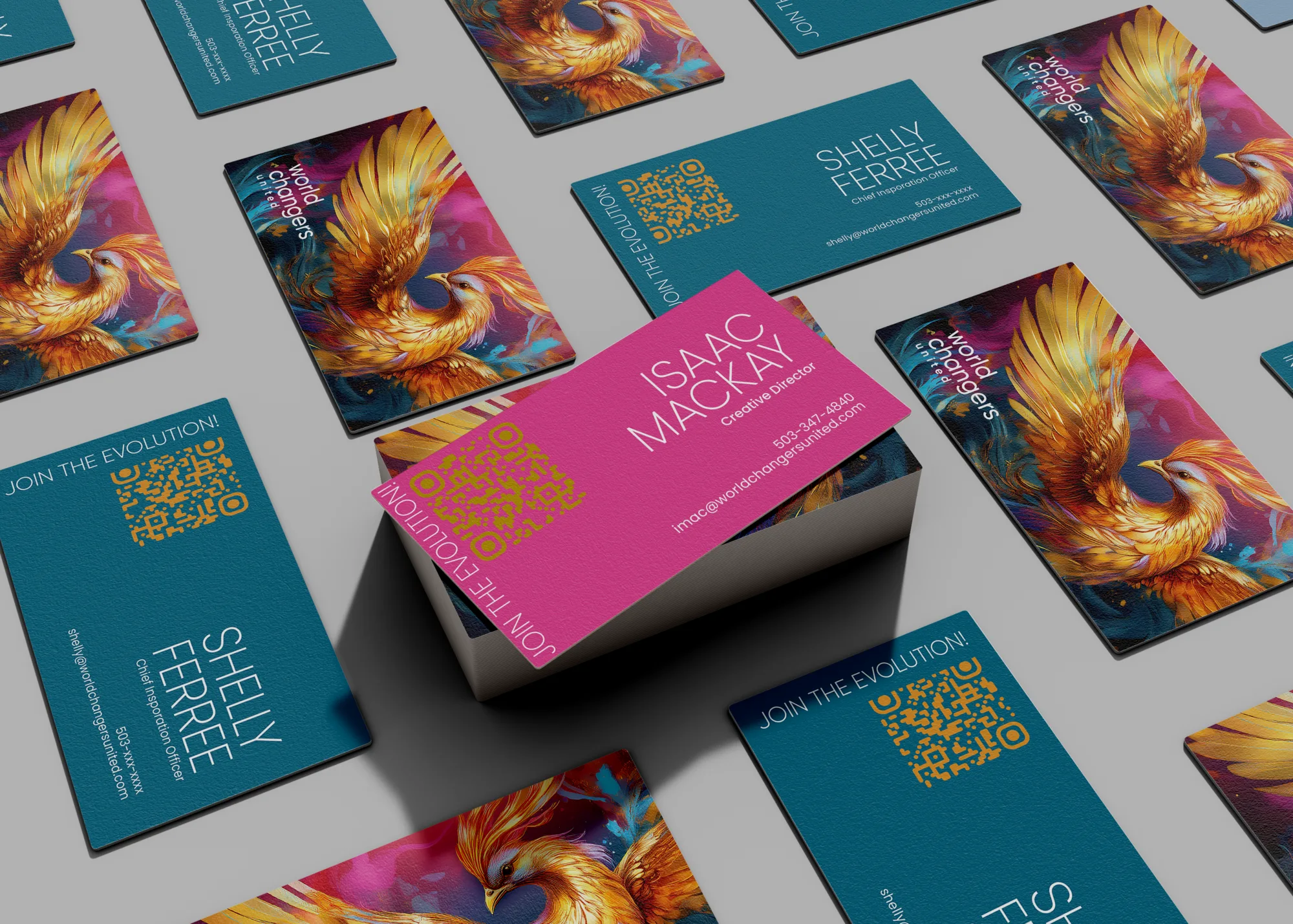 World Changers United collateral — business cards and phoenix artwork