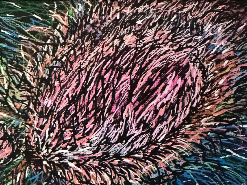 Mixed media work — iridescent marks on a deep black ground